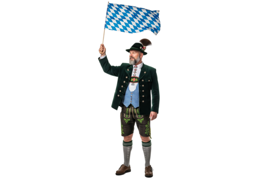 PNG cut out isolated background. A full-length portrait of a proud man in full, traditional Bavarian attire, including lederhosen and a hat, smiling while waving the blue and white checkered flag.