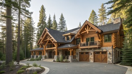 Luxurious mountain log cabin home nestled in a pine forest