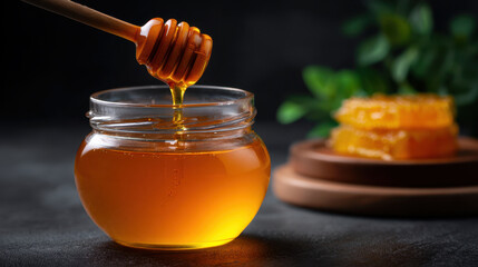 Golden honey dripping from wooden dipper into glass jar with honeycomb on wooden plate in background