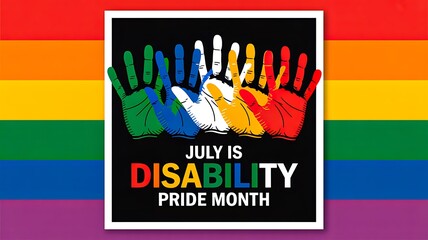 Colorful rainbow hands with text july is disability pride month on black background