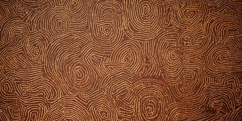 Abstract brown background with golden concentric circle pattern and wavy line design elements