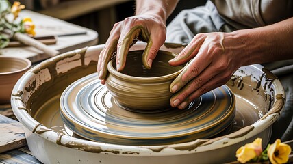 Hands shaping clay bowl on pottery wheel in creative crafting studio