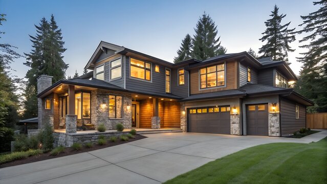 Modern luxury home with stone accents and large windows in a forest setting