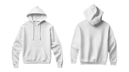 Plain white hoodie mockup, front and back view for branding and commercial use on transparent background