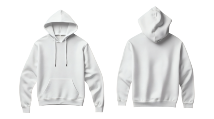 Plain white hoodie mockup, front and back view for branding and commercial use on transparent background