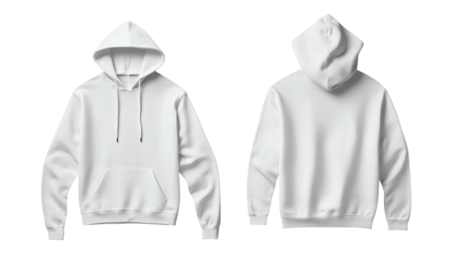 Plain white hoodie mockup, front and back view for branding and commercial use on transparent background