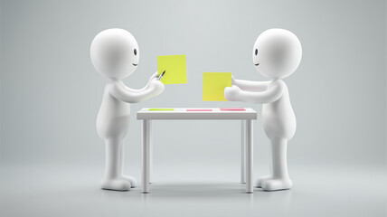 スティックフィギュアが意見を出し合うビジネス場面