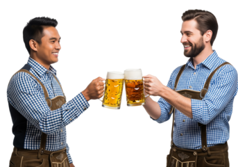 PNG cut out isolated background. Two happy and diverse friends, one Asian and one Caucasian, wearing traditional Bavarian lederhosen and toasting with large glass mugs of beer to celebrate Oktoberfest