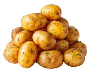 Fresh and flavorful yukon gold potatoes, piled high and halved, ready for cooking on transparent background