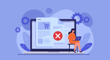 A woman sits with a laptop as an error message with a shopping cart icon appears on a large laptop screen.