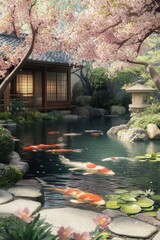 Fototapeta premium Serene japanese garden with koi pond and blooming cherry trees in spring