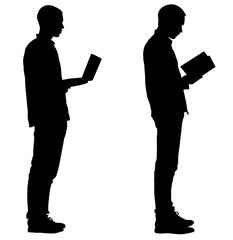 Silhouette of a man reading a book and using a laptop isolated on transparent background, showcasing modern learning and information access