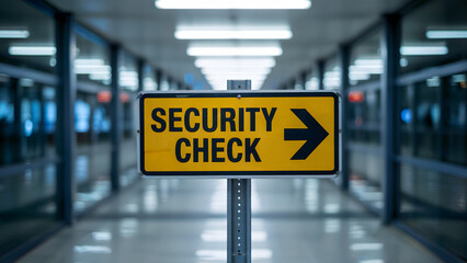 Clear yellow security check sign with arrow guides travelers through modern, brightly lit airport terminal.