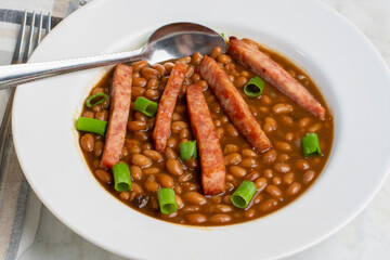 baked beans  with spam sticks  and green onions