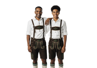 PNG cut out isolated background. A happy Black father and his teenage son in matching traditional Bavarian lederhosen smile for a portrait.

