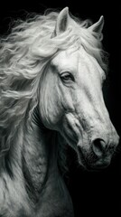 Obraz premium Majestic white horse with flowing mane captured in striking detail against a dark background