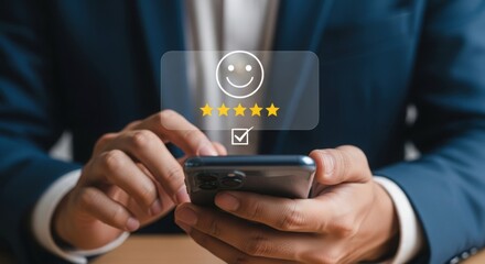Business professional holding smartphone with positive rating overlay. Smiley face and five-star feedback concept. Modern customer satisfaction illustration.