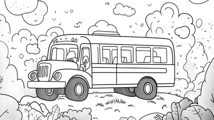 Whimsical school bus illustration for coloring book pages or design element