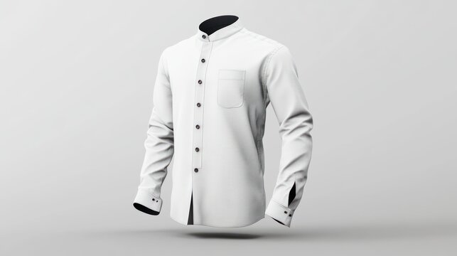 Elegant white mandarin collar shirt on a soft grey studio backdrop