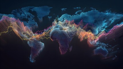 Abstract digital world map with colorful data streams indicating trends and global connectivity.