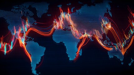 Global market data visualized with digital world map and stock market activity overlay.