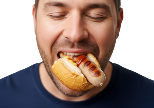 PNG cut out isolated background. A close-up of a man with his eyes closed in pleasure, taking a large bite of a grilled German bratwurst sausage in a bread roll with ketchup and mustard.