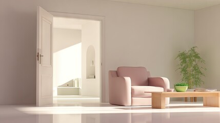 Fototapeta premium Light-filled interior with a pale pink armchair and wooden coffee table.
