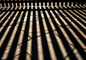 Abstract shadows cast by a fence create an intriguing geometric pattern on textured stones
