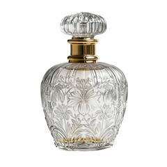 Front view of a perfume bottle with a delicate etched design and classic gold atomizer, white blank label, studio shot, isolated on a white background