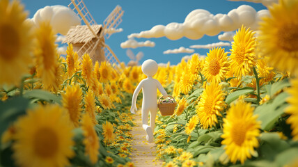 Obraz premium スティックフィギュアがひまわり畑を散策する