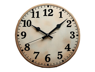 Round clay clock with engraved numbers and painted face isolated on a transparent background image