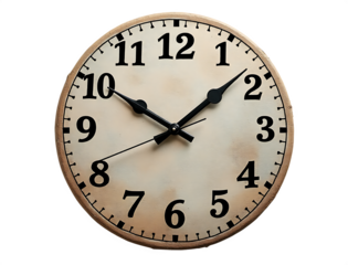 Round clay clock with engraved numbers and painted face isolated on a transparent background image