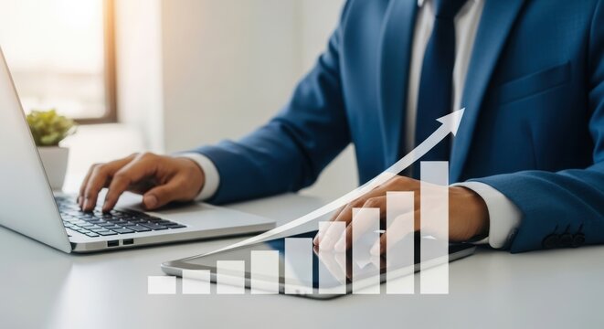 Business professional working with laptop and tablet, analyzing growth data. Digital bar graph with upward arrow overlay. Modern office analytics illustration. - Powered by Adobe
