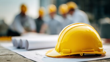 Yellow Safety Helmet on Construction Blueprint with Team in Background