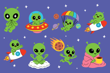Set of cute cartoon green aliens in various space-themed scenes, including flying rockets, parachuting, meditating on clouds, drinking coffee, and interacting with UFOs, planets, meteors, and stars on