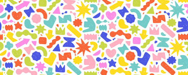 Funky colorful geometric seamless pattern with childish crayon drawn shapes and forms. Abstract kid's background.