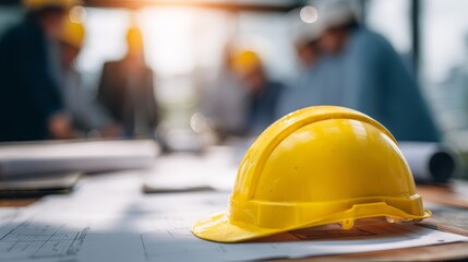 Yellow Safety Helmet on Construction Blueprint with Team in Background