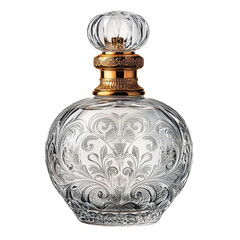 Front view of a perfume bottle with an intricate embossed design and bold, gold cap, white blank label, studio shot, isolated on a white background