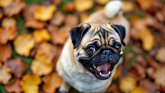 Cute Pug Dog Looking Up in Autumn Leaves