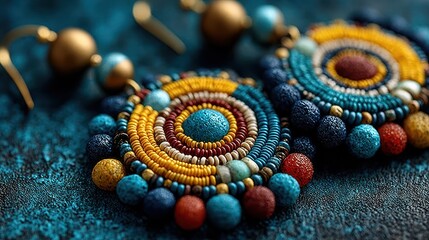 Obraz premium Colorful beaded earrings displayed elegantly on a textured blue surface with a vibrant artistic design