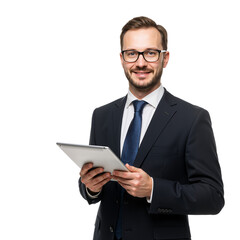 Professional Man with Tablet: Digital Engagement and Approachable Confidence