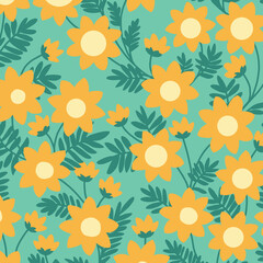 yellow flowers and green leaves pattern, hand drawing floral illustration 
