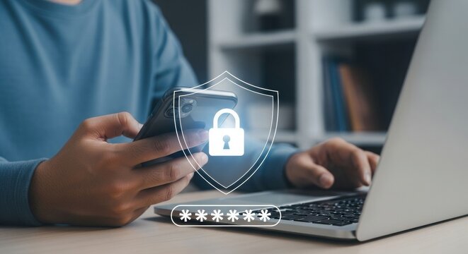 Cybersecurity concept with person using smartphone and laptop with shield icon. Digital security illustration with padlock and password protection. Modern professional tech theme with secure digital