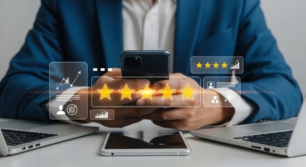Business professional using smartphone with gold five-star rating overlay. Digital feedback management concept with laptop and tablet. Corporate review system in modern office setting.