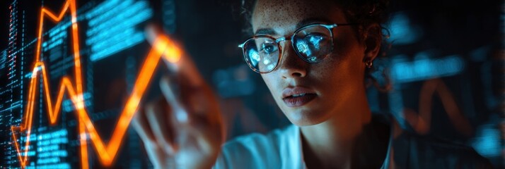 Data Analyst Examines Financial Trends on a Digital Screen in a Modern Office Environment