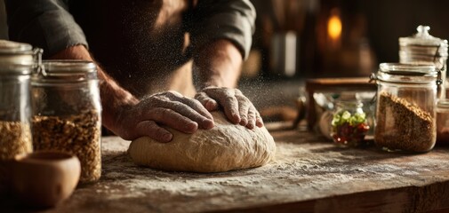 The artisan baker kneading dough in a rustic kitchen setting.