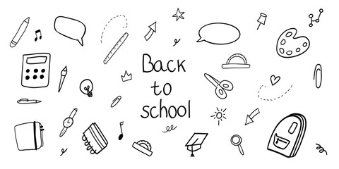 Back to School Hand Drawn Doodle Icons Set. Collection of hand drawn school doodles with educational icons like books, backpack, calculator, and stationery for learning themes.