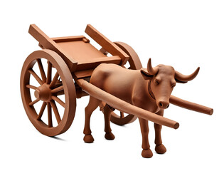 Fototapeta premium Terracotta bullock cart model with detailed spokes and wooden yoke isolated on a transparent background