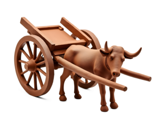Terracotta bullock cart model with detailed spokes and wooden yoke isolated on a transparent background