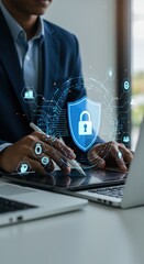 Business professional working with tablet and cybersecurity shield overlay. Modern digital workspace with data protection. Tech-savvy corporate security concept.